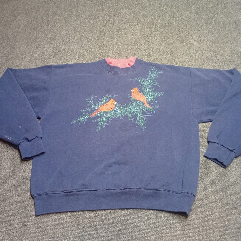 * Vintage Artisans Cardinal Fleece Sweater Women Large Navy Blue Crew Neck